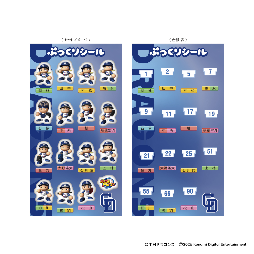 中日ドラゴンズ×パワフルプロ野球コラボ ぷっくりシール